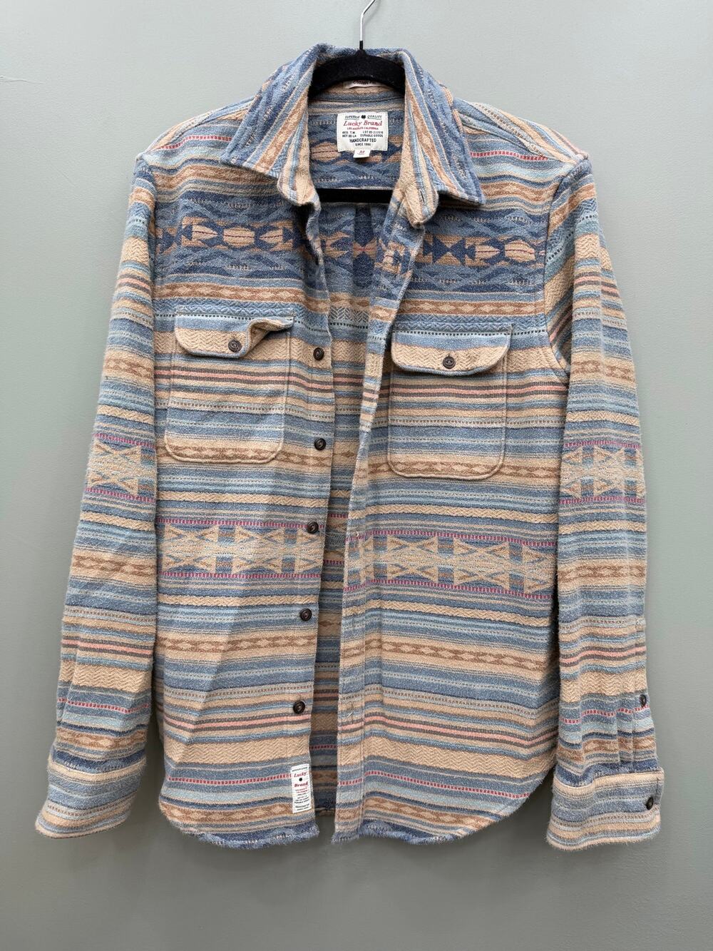 Lucky Brand Men M Southwestern Aztec Jacquard Shirt Jacket Western Blue Tan